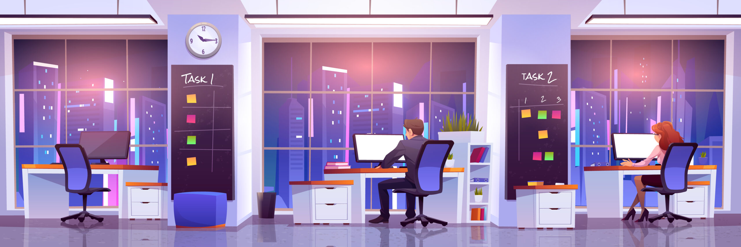 Office workers at workplace at night time. Business people man and woman rear view sitting at desks work on computers front of wide floor-to-ceiling windows with cityview, Cartoon vector illustration